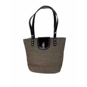 Eric Javits New York Braided Straw Patent Leather Trim Bucket Purse Handbag Bag